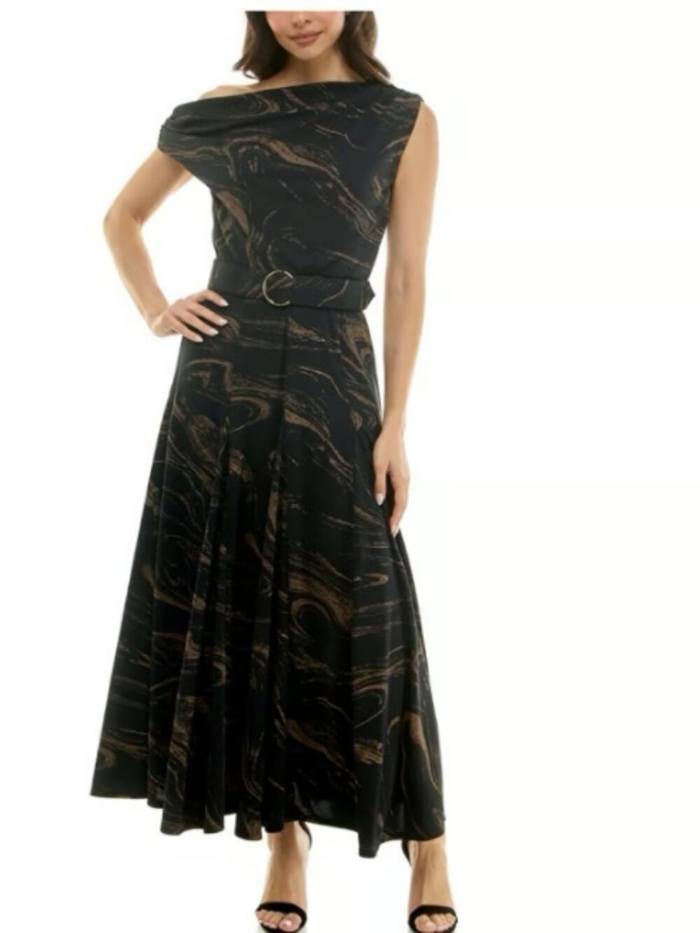Taylor Off‑Shoulder Belted A‑Line Dress Bronze Black NWT Size 16 - B177